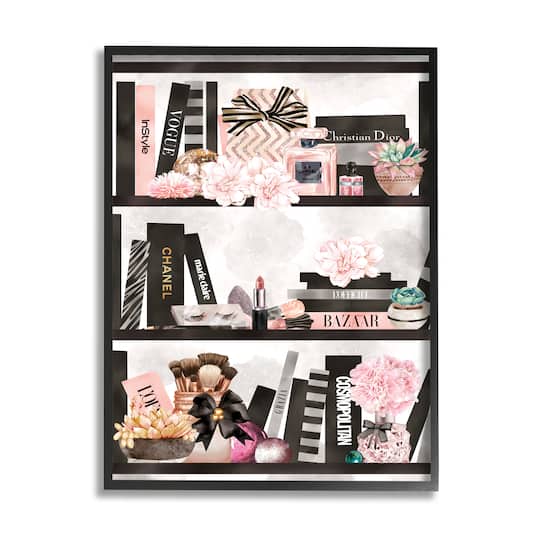 Stupell Industries Fashion Bookshelf Glam Cosmetic Accessories and Books in Frame Wall Art
